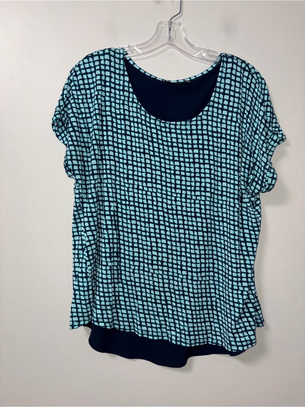 Apt 9 Teal Navy Geometric Squares Top Career Office Women’s Petite XL
